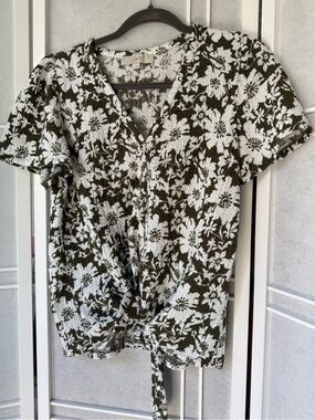 LOFT Olive and White Floral Tie-Front Blouse